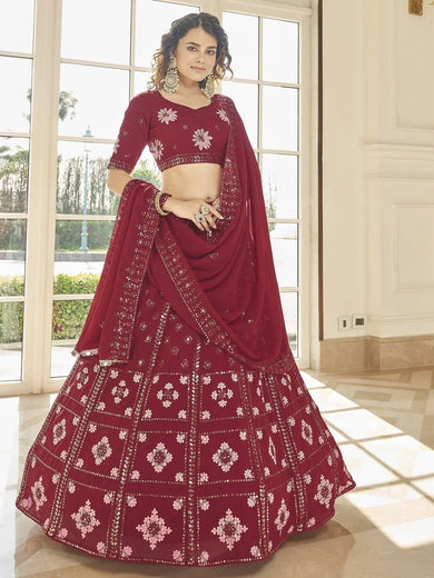 Attractive Red Multi-Thread Sequins Georgette Designer Lehenga Choli
